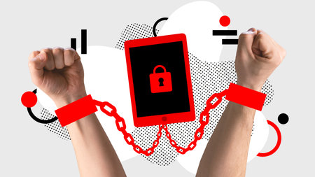 Contemporary art collage. Hands handcuffed to a modern smartphone, tablet with lock on screen. Concept of digital detox, social media addiction. rest, break, burnout. Adの写真素材