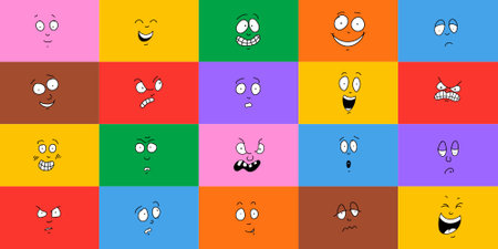 Diverse people face grimacing, expressing emotion. Colorful design set, modern flat cartoon characters in simple doodle art style. Concept of social reaction, facial-expression, emotions, multi-ethnicのイラスト素材