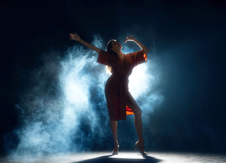 Singer in stylish attire engaging audience, spotlight and smoke effects in use. Singers silhouette ignites stage. Concept of hobby, festival, concert, disco, entertainment. Adの写真素材