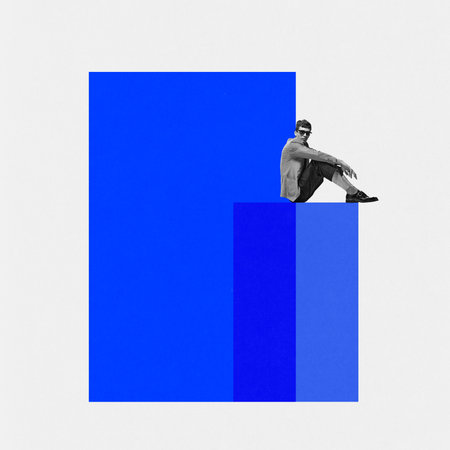 Modern aesthetic artwork. Man in monochrome filter sitting on edge of blue bar graph, representing growth or progress. Concept of multimedia, digital reality, process, technology, future. Adの写真素材