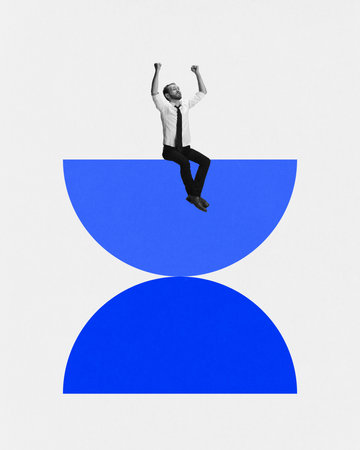 Modern aesthetic artwork. Young man sitting, balanced on two semi spheres looks as hourglass and raising hands of joy. Deadlines. Concept of multimedia, digital reality, integration, technology.の写真素材
