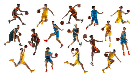 Collage. Dribbling. Athletic men, Caucasian and African-American players freeze in moment of training against white background. Concept of sport, action, motion, movement, energy, active lifestyle. Adの写真素材