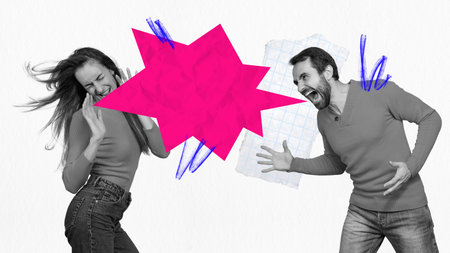 Poster. Contemporary art collage. Young man and woman arguing, husband loudly shouting on girl. Negative emotions. Concept of conflict, mental pressure, relationships. Adの写真素材