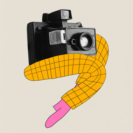 Contemporary art collage. Retro video camera jumping with its log painted legs against beige background. Concept of generation, Z culture, lifestyle, technology progress, vintage. Adの写真素材