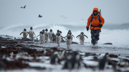 Explorer following group of penguins in frosty, polar environment. Extreme weather climatic conditions and wild life. Concept of sport, extreme winter holidays, travel and adventures. Adの素材