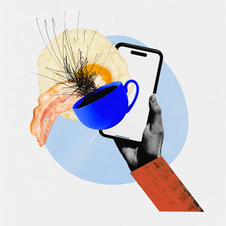 Contemporary art collage. Hand holding smartphone, emerging from cup with breakfast elements like eggs and bacon. Concept of delivery app, offering, meal-planning, learning cooking, recipes.の写真素材
