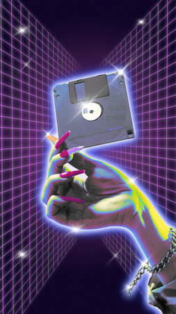 Poster. Modern aesthetic artwork. Female hand holds vintage floppy disk, diskette against wireframe background. Trendy Y2K style and retro futurism. Concept of youth, nostalgy, technology, digital ageの写真素材