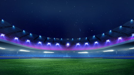 Empty football stadium at dusk with illuminated blue and purple spotlights with crowdy stands under star-studded sky. Concept of sport, championship tournaments 2024, league, match, win. Adの写真素材