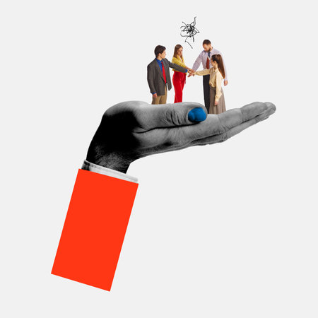 Contemporary art collage. People, employers and colleagues stands on huge black and white hand celebrating successful startup launch. Concept of teamwork, business cooperation, partnership. Adの写真素材