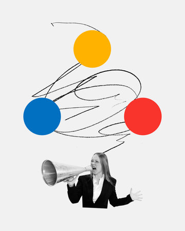 Contemporary art collage. Woman shouting into a megaphone with abstract lines and colored circles. Head of department remind you of business goals. Concept of teamwork, business cooperation, partner.の写真素材