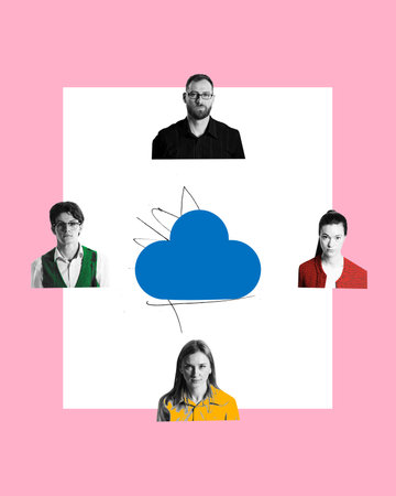 Modern aesthetic artwork. Four people with central cloud, symbolize connectivity and networked communication or collective thoughts for project. Concept of teamwork, business cooperation, partnership.の写真素材