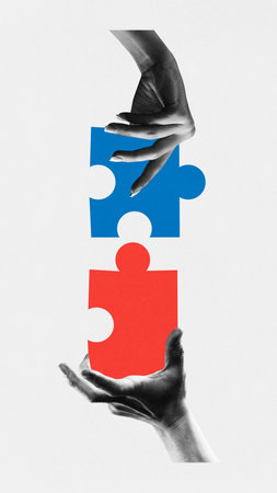 Banner. Modern aesthetic artwork. Two hands trying to connect pieces of puzzles, symbolized harmonious teamwork. Concept of teamwork, business cooperation, partnership, startup, deal. Adの写真素材