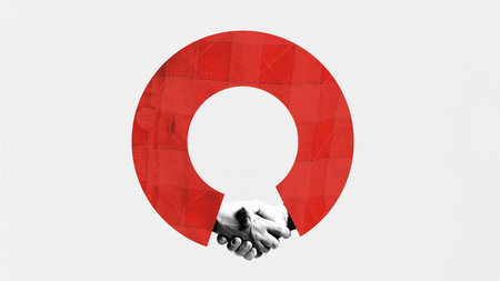 Contemporary art collage. Uniting joint forces and opportunities for business development. Shaking hands in shape of circle. Concept of teamwork, business cooperation, partnership. Adの写真素材