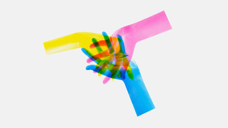 Modern aesthetic artwork. Transparent colorful hands overlay on each other and symbolized united joint for business development. Concept of teamwork, business cooperation, partnership. Adの写真素材