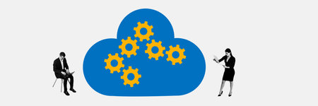 Banner. Modern aesthetic artwork. Two professionals flanking blue cloud filled with interlocking...