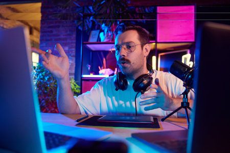 Young man, blogger sitting in neon lit workspace with laptop and streaming, working online. Model in...