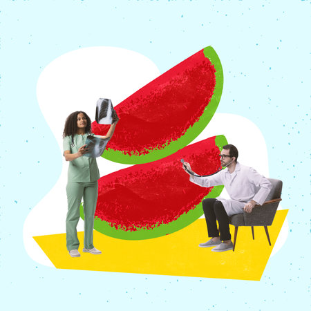 Contemporary art collage. Health professional examining an X-ray, and scientist analyzing a watermelon slice. Concept of healthy lifestyle and body care, balanced diet, strength and power.の写真素材