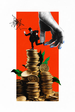 Poster. Contemporary art collage. Hand holds businessman in retro outfit on huge stack of coins which growth in as plant. Concept of business and finance, financial planning, financial literacy.の写真素材