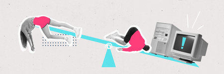 Banner. Modern aesthetic artwork. Very tired, burnout people lying on scales where exceed work...