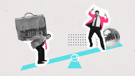 Poster. Contemporary art collage. Scales with one men on two sides who relaxing and dancing and on another carrying huge bag. Concept of work and personal life balance, time management, career.の写真素材