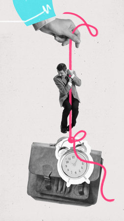 Poster. Modern aesthetic artwork. Hand holds thread that holds man so as not to fall on huge briefcase. Monochrome filter. Concept of work and personal life balance, time management, career.の写真素材