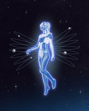 Poster. Contemporary art collage. Female figure with wing-like extensions and radiant outline...