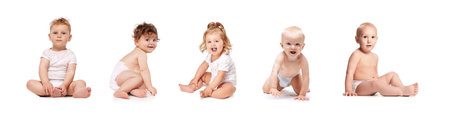 Banner. Collage made of portraits of cute smiling babies, barefoot boys and girls sitting, playing against white studio background. Concept of childhood, motherhood, family, health, care. Adの写真素材
