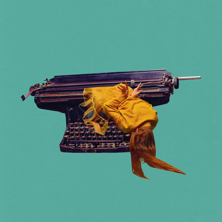 Modern aesthetic artwork. Person with long hair merged with typewriter against teal background. Vintage and surrealism art style. Concept of vintage things, mix old and modernity. Copy space for adの写真素材