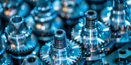 Photo of mechanical assembly of high tech machine parts, mechanical gears for aerospace industry. Concept of science, future technologies, artificial intelligence, network and cyberspaceの素材