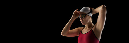 Banner. Athletic of young female swimmer wearing cap and goggles before swim race against black studio background. Negative space. Concept of professional sport, motion, strength and power. Adの写真素材