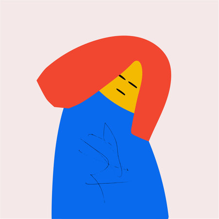 Contemporary abstract artwork. Woman with red hair and blue coat stands with closed eyes, and seems...
