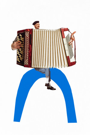 Poster. Modern aesthetic artwork. Man in hat sitting on blue arc and playing huge accordion....