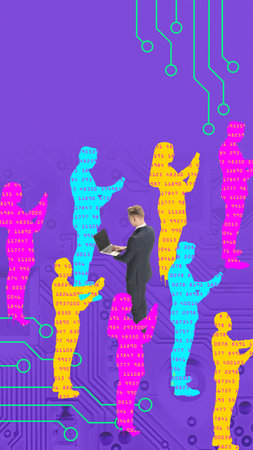 Modern aesthetic artwork. Businessman with laptop surrounded by colorful digital silhouettes against circuit boards background. Concept of confidentiality on Internet, cybersecurity, digital crime. Adの写真素材