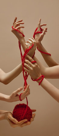 Unity. Womans hand holds ball of red threads and other hands intertwined with each other tied with this thread against sandy color studio background. Concept of human touch, beauty and care.の写真素材