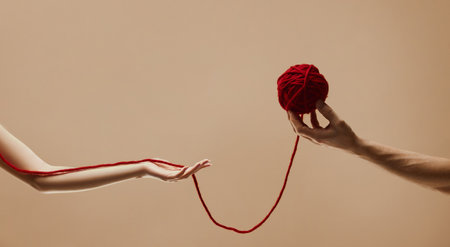 One hand holds a red yarn ball while another hand tugs on the yarn against beige studio background,...