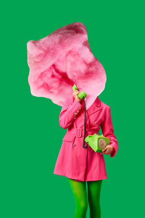 Contemporary art collage. Young woman in bright attire cotton candy instead of head talking on retro...