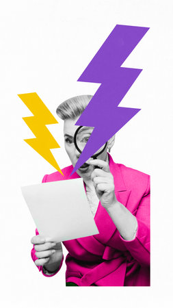Poster. Contemporary art collage. Woman reading shocking news with magnifying glass, with abstract yellow and purple lightning shapes overlaid. Concept of art, information, social media, culture.の写真素材