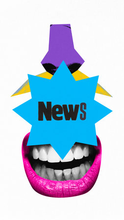 Poster. Contemporary art collage. Propaganda. Purple nose with yellow mustache behind blue star with...