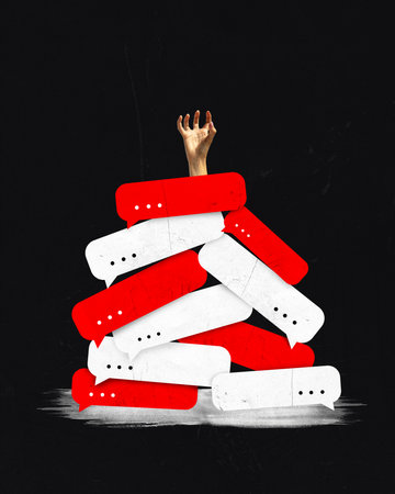 Contemporary art collage. Hand reaching out from pile of oversized red and white chat bubbles against black background. Concept of negative and positive influence of social networks on peopleの写真素材