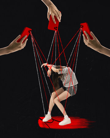 Contemporary art collage. Strings protruding from mobile cameras control depressed girl like puppet against black background. Concept of negative and positive influence of social networks on peopleの写真素材
