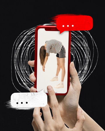 Contemporary art collage. Hands holding phone with a woman inside near red chat bubble against...