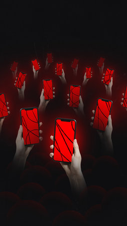 Contemporary art collage. Multiple hands holding red smartphones against dark, black background. Concept of negative and positive influence of social networks on peopleの写真素材