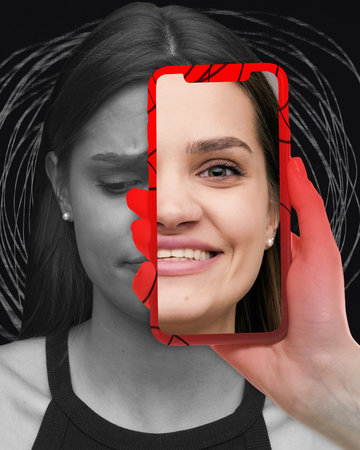 Modern aesthetic artwork. Split image of womans face, sad on one side, happy on other through red phone frame. Concept of negative and positive influence of social networks on peopleの写真素材
