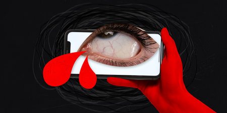 Modern aesthetic artwork. Red hand holding smartphone displaying close-up of eye with three red droplets. Concept of negative and positive influence of social networks on peopleの写真素材