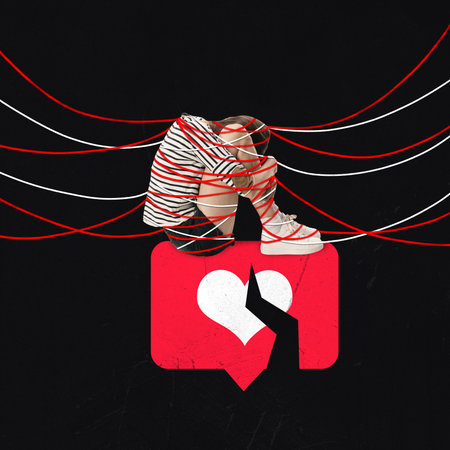 Modern aesthetic artwork. Depressed person entangled in red lines sitting on broken heart icon against black background. Concept of negative and positive influence of social networks on peopleの写真素材