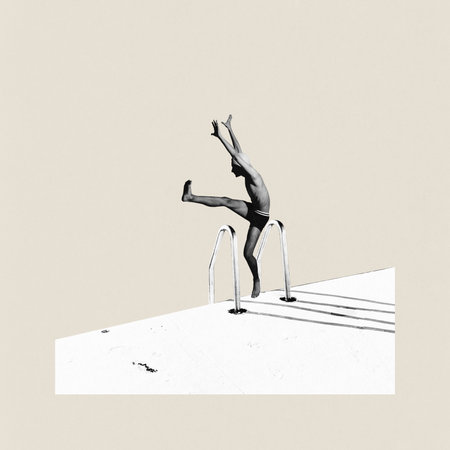 Poster. Contemporary art collage. Man diving from platform, with shadows against beige background....