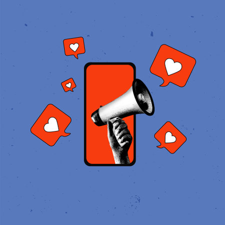 Contemporary art collage. Vector illustration. Hand with megaphone inside smartphone with blank red...