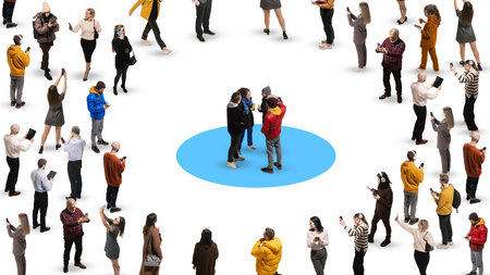 Contemporary art collage. Group of people talking standing on blue point surrounded by crowd against...