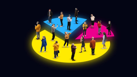 Contemporary art collage. Young small people stands on colorful, vibrant peach diagram against black...