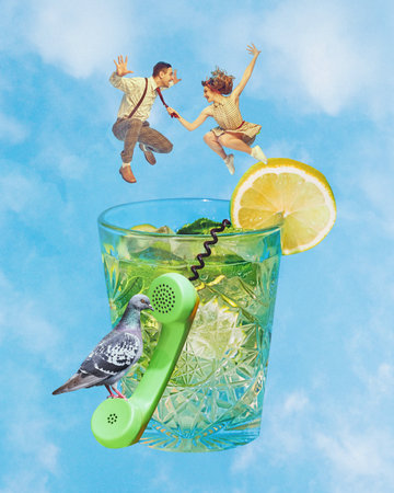 Poster. Contemporary art collage. Young man and woman jumping to Mojito glass where pigeon talking...